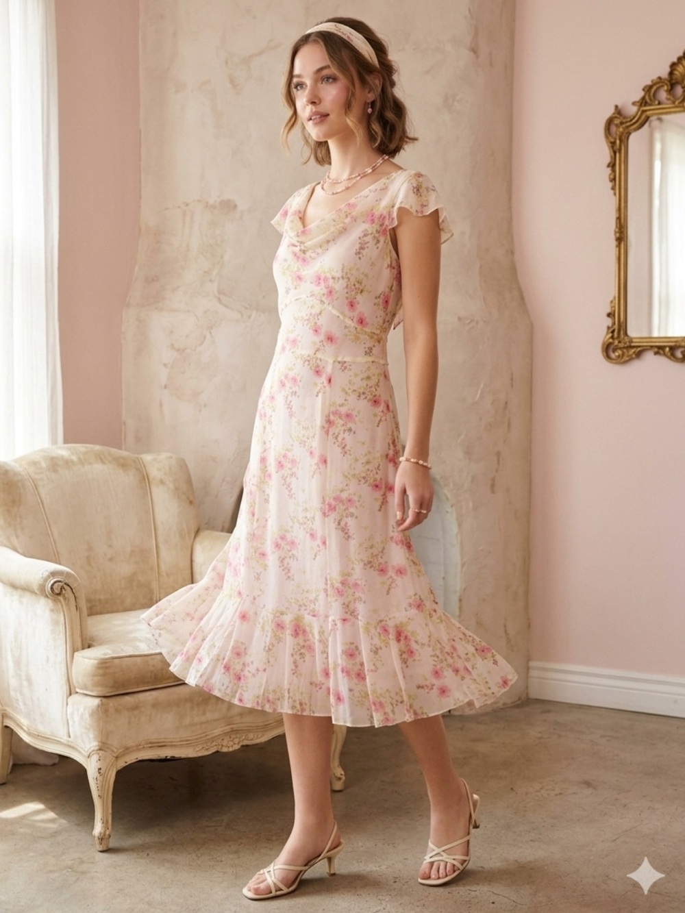 Ann Taylor Y2K 100% Silk Floral Cowl-Neck Midi Dress Romantic Feminine *flaw